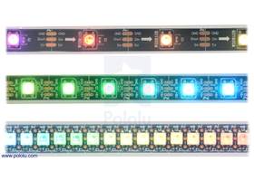 LED side of the WS2812B-based addressable LED strips, showing 30 LEDs/m (top), 60 LEDs/m (middle), and 144 LEDs/m (bottom)