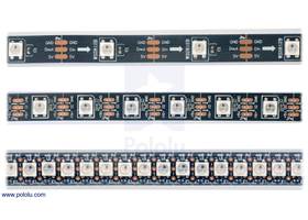 LED side of the WS2812B-based addressable LED strips, showing 30 LEDs/m (top), 60 LEDs/m (middle), and 144 LEDs/m (bottom) (1)