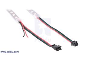 The connectors and power wires for our WS2812B-based LED strips.  On the left is the input end of the strip and on the right is the output end