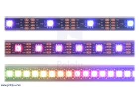 LED side of the APA102C-based addressable LED strips, showing 30 LEDs/m (top), 60 LEDs/m (middle), and 144 LEDs/m (bottom)