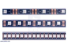 LED side of the APA102C-based addressable LED strips, showing 30 LEDs/m (top), 60 LEDs/m (middle), and 144 LEDs/m (bottom) (1)