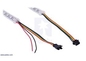 The connectors and power wires for our APA102C-based LED strips. On the left is the input end of the strip and on the right is the output end