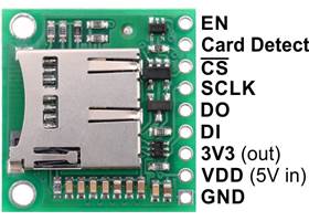 Breakout Board for microSD Card with 3.3V Regulator and Level Shifters, labeled top view