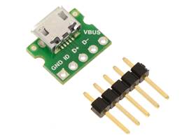 USB Micro-B connector breakout board with included optional header pins