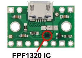 FPF1320 IC on the FPF1320 power multiplexer carrier with USB Micro-B connector