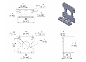 Mechanical drawing for the Pololu stamped aluminum L-bracket for plastic gearmotors.  Units are mm over [inches]