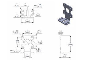 Mechanical drawing for the Pololu extended stamped aluminum L-bracket for plastic gearmotors.  Units are mm over [inches]