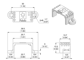 Dimension diagram of Mini Plastic Gearmotor Bracket – Wide. Units are mm over [inches]