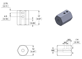 Dimension diagram of the Pololu 12mm Hex Wheel Adapter for 4mm Shaft. Units are mm over [inches]