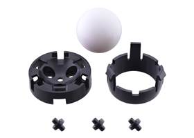 Components of the Pololu Ball Caster with 1″ Plastic Ball and Plastic Rollers: two-part housing, three plastic rollers, and a 1″ plastic ball