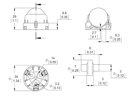 Dimensions of the Pololu Ball Caster with 1″ Plastic Ball and Plastic Rollers.  Units are mm over [inches]