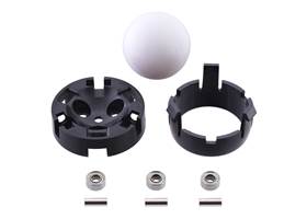 Components of the Pololu Ball Caster with 1″ Plastic Ball and Ball Bearings: two-part housing, three ball bearings and dowel pins, and a 1″ plastic ball