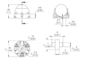 Dimensions of the Pololu Ball Caster with 1″ Plastic Ball and Ball Bearings.  Units are mm over [inches]
