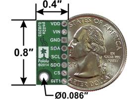 LPS25H pressure/altitude sensor carrier with voltage regulator, bottom view with dimensions