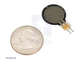 Force-sensing resistor (0.6″-diameter circle, short tail) with a US quarter for size reference