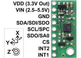 LSM6DS33 3D Accelerometer and Gyro Carrier with Voltage Regulator, labeled top view
