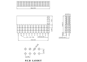 Dimensions (in mm) of straight stackable 0.100″ female headers with extra spacers