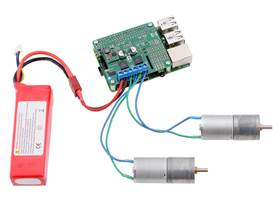 Driving motors with a #2756 dual motor driver on a on a Raspberry Pi Model B+ or Pi 2 Model B. A step-down regulator provides 5 V to the Raspberry Pi