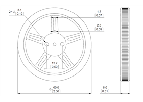 Dimensions of Pololu Wheel for FEETECH FS90R Micro Servo, 60x8mm.  Units are mm over [inches]