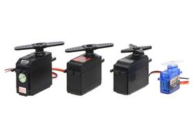 Continuous rotation servo size comparison.  From left to right: SpringRC SM-S4303R, Power HD AR-3606HB, Parallax, and FEETECH FS90R