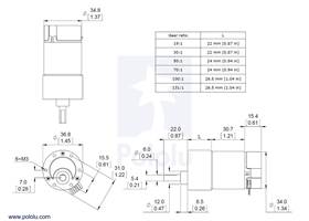 Dimensions of the 37D mm metal gearmotor with 64 CPR encoder.  Units are mm over [inches]