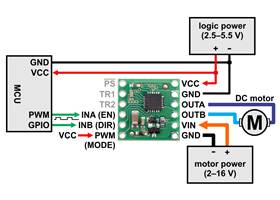 Minimal wiring diagram for connecting a microcontroller to a BD65496MUV Single Brushed DC Motor Driver Carrier (EN/IN mode)