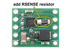 Step two of enabling current limiting on the MAX14870 Single Brushed DC Motor Driver Carrier: add an appropriate 1206 RSENSE resistor