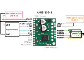 Minimal wiring diagram for connecting a microcontroller to an AMIS-30543 stepper motor driver carrier