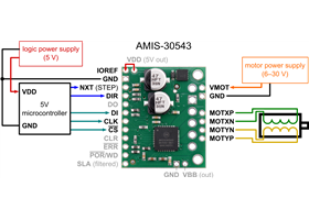 Minimal wiring diagram for connecting a microcontroller with a logic voltage of 5 V to an AMIS-30543 stepper motor driver carrier