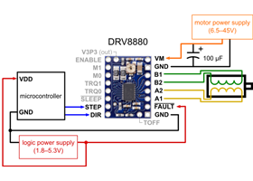 Alternative minimal wiring diagram for connecting a microcontroller to a DRV8880 stepper motor driver carrier (1/8-step mode)
