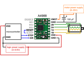 Minimal wiring diagram for connecting a microcontroller to an A4988 stepper motor driver carrier (full-step mode)