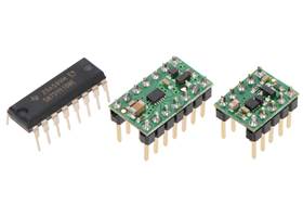 TI SN754410 (16-pin DIP) next to the #2135 DRV8835 carrier (14-pin DIP) and #2990 DRV8838 carrier (10-pin DIP) for size reference
