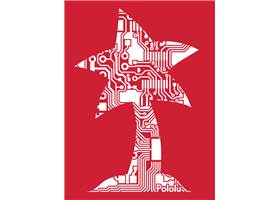 The image on the front of the cardinal red Pololu circuit logo T-shirt