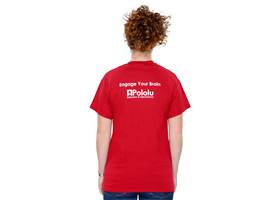 The Pololu cardinal red circuit logo T-shirt, back