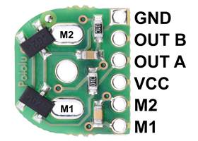 Magnetic Encoder Kit for Micro Metal Gearmotors (HPCB compatible), magnet-side view of PCB with labeled pinout