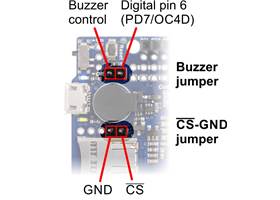 Buzzer and CS-GND jumpers on the A-Star 32U4 Prime