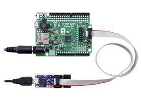 The Pololu USB AVR Programmer v2 (bottom) connected to an A-Star 32U4 Prime SV for programming