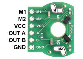 Magnetic Encoder Kit for Mini Plastic Gearmotors, magnet-side view of PCB with labeled pinout.