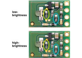 You can tell the high- and low-brightness versions of the 38&nbsp;kHz IR proximity sensor apart using R3 (yellow) and R4 (blue) on the emitter side.