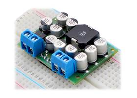 Pololu Step-Down Voltage Regulator D24V150Fx in a breadboard, assembled with terminal blocks and male headers.