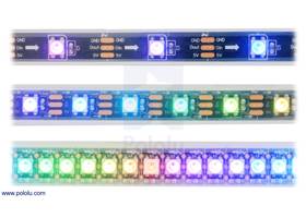 LED side of the SK6812-based addressable LED strips, showing 30 LEDs/m (top), 60 LEDs/m (middle), and 144 LEDs/m (bottom).