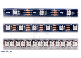 LED side of the SK6812-based addressable LED strips, showing 30 LEDs/m (top), 60 LEDs/m (middle), and 144 LEDs/m (bottom). (1)