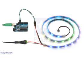 Controlling an addressable RGB LED strip with an Arduino and powering it from a 5V wall power adapter.