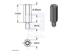 Dimensions of Aluminum Standoff for Raspberry Pi: 11mm Length, 4mm M2.5 Thread, M-F.