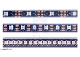 LED side of the APA102C or SK9822 addressable LED strips, showing 30 LEDs/m (top), 60 LEDs/m (middle), and 144 LEDs/m (bottom).