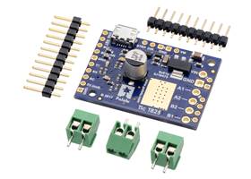 Tic T825 USB Multi-Interface Stepper Motor Controller (without connectors soldered) with included headers and terminal blocks.