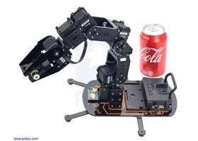 XYZrobot 6 DOF Robotic Arm holding a AA battery and next to a 12&nbsp;oz. soda can for scale.