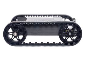 Side view of Pololu 30T track set with black sprockets mounted on a 3D-printed chassis.