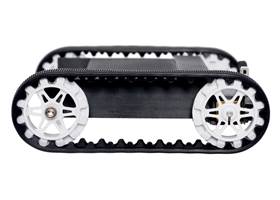 Side view of Pololu 30T track set with white sprockets mounted on a 3D-printed chassis.