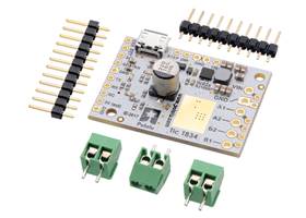 Tic T834 USB Multi-Interface Stepper Motor Controller (without connectors soldered) with included headers and terminal blocks.